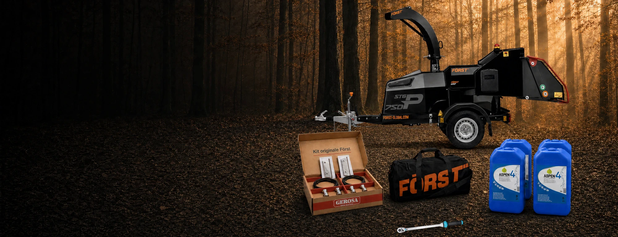Cippatrice Först ST6 750P con il pacchetto promo: taniche Aspen, borsone Först, kit lame e chiave dinamometrica